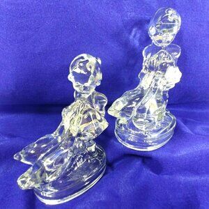 Vintage Pair of Clear Glass Bookends Girl Feeding Geese
